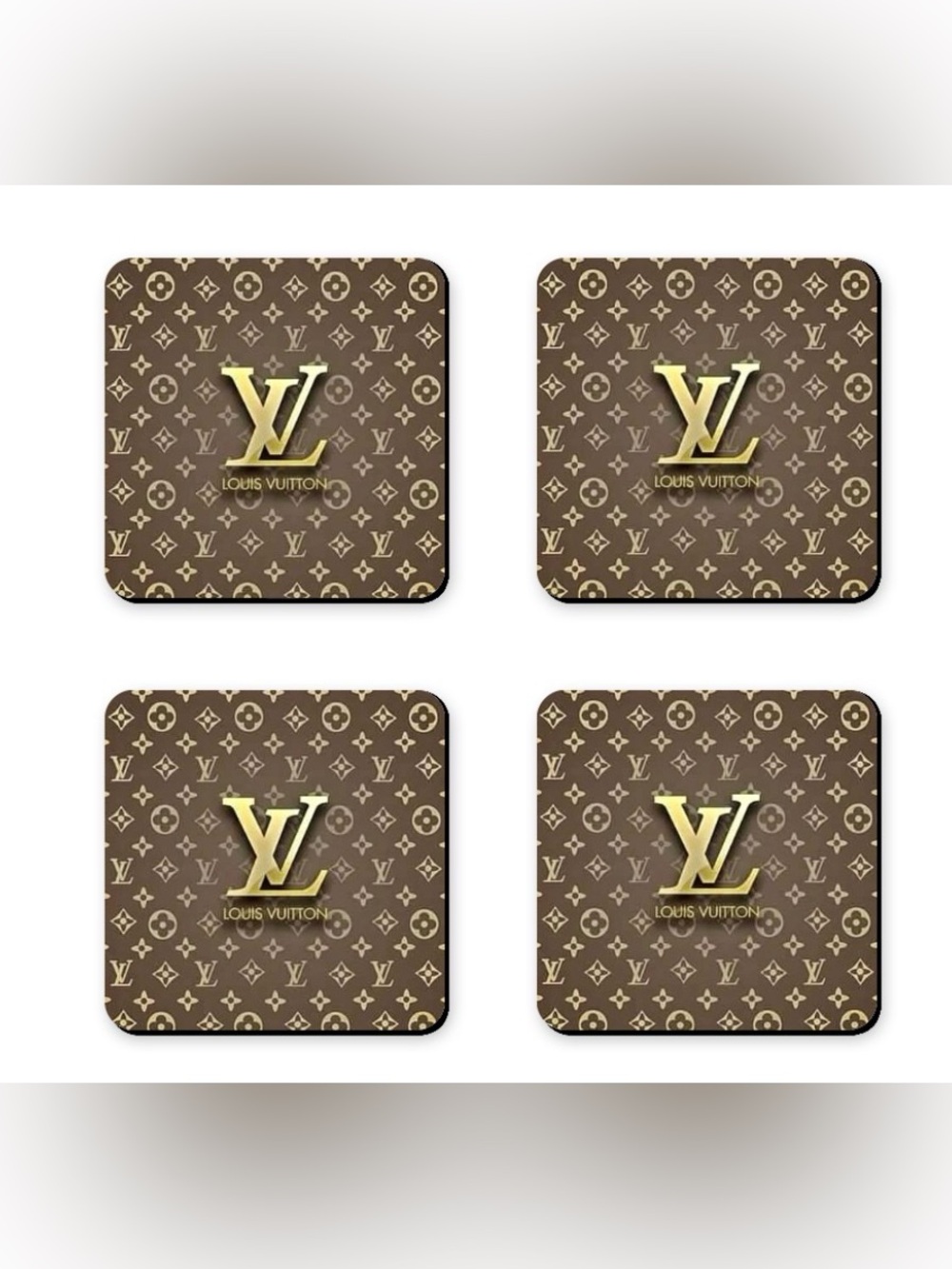 Louis Vuitton LV Logo Brown Gold Fashion Coaster Set - Set of 4 Glossy Coasters